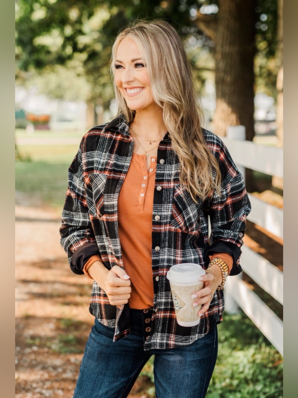 Lined fall jacket black orange plaid Pulse boutique